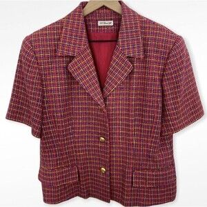 Doncaster Silks Womans Button Up Silk Tweed Blazer Lined Pink Sz 14 Short Sleeve